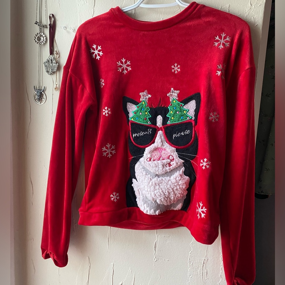 Red Christmas/ugly sweater with funny cat design